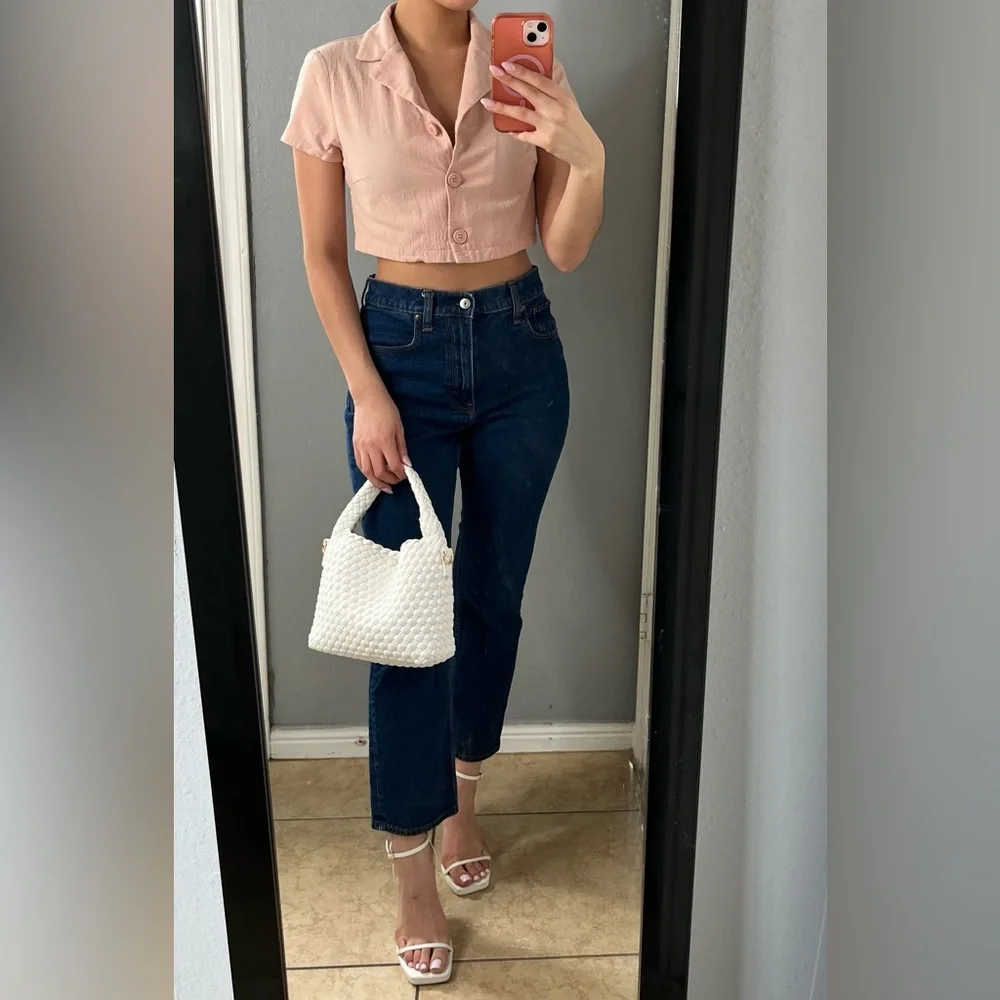 Light pink salmon cotton SS button up collared euro summer casual prep crop top - Picture 3 of 10
